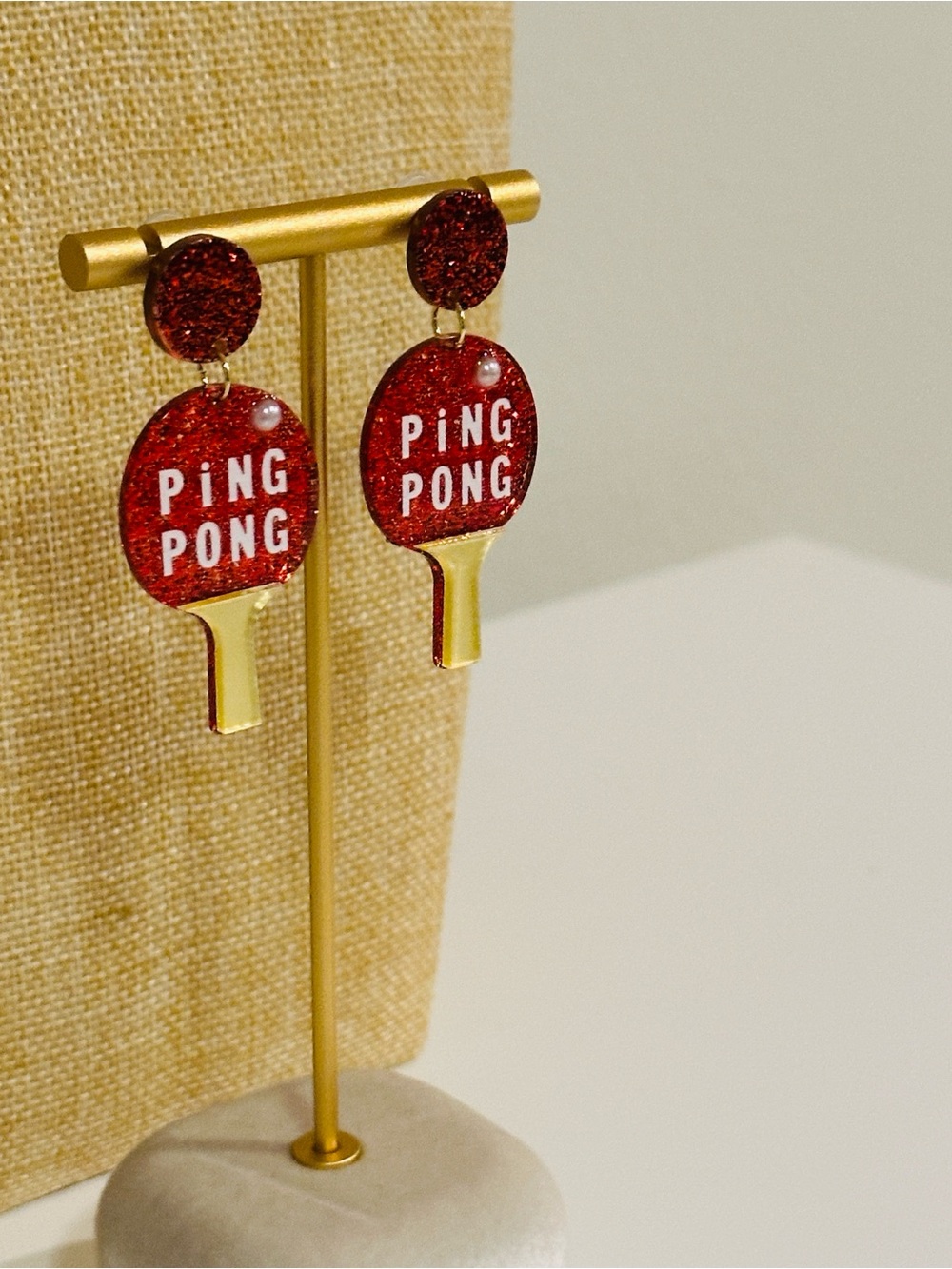 Fashion Jewelry Red Glitter Ping Pong Paddle Dangle Earrings with Gold Accents